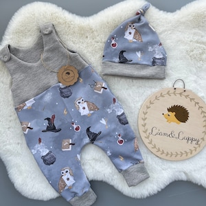 Baby romper romper dungarees baby newborn waffle jersey romper pants french terry magic school owls unisex gray blue romper