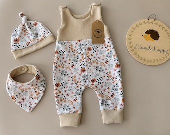 Baby Romper Floral Waffle Jersey Set with Hat & Scarf | Handmade Baby Gift | Newborn Girl Romper