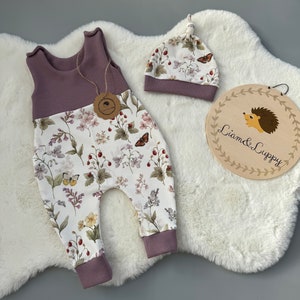 Baby Romper Romper Dungarees Baby Suit Girl Romper Waffle Knit French Terry Purple Flowers Baby Gift Set Size 38-92