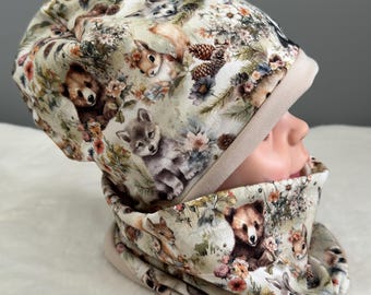 Set of beanie and loop | Gift idea baby child unisex | Children's reversible hat and scarf | Gift set for children and babies | Forest friends, forest