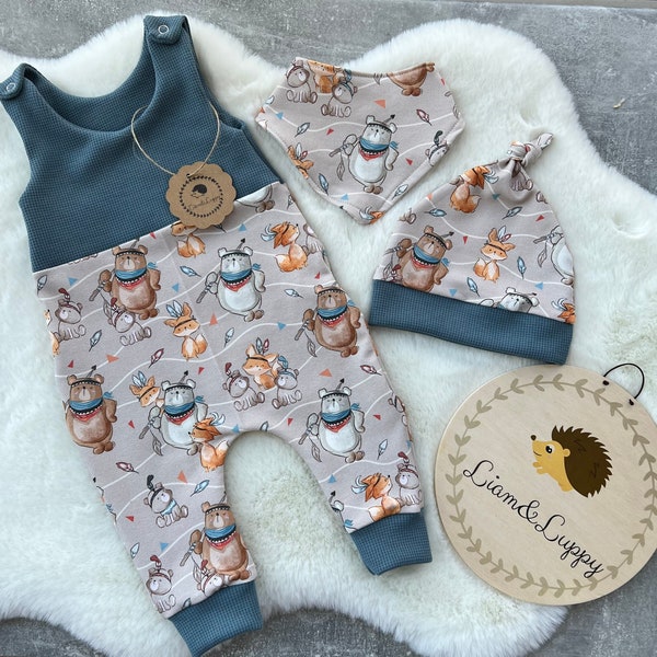 Baby Romper Set Romper Dungarees Baby Newborn Waffle Jersey Petrol Mint Beige Romper Pants French Boho Forest Animals Romper unisex