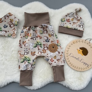 3-piece baby set pump pants hat, scarf girl boy set New Born set forest animals, forest friends beige brown gift baby and toddler