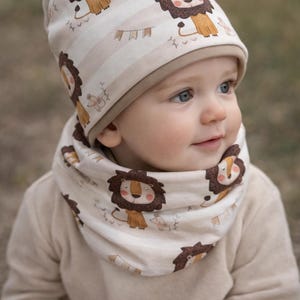 Lion Baby Set Beanie & Loop – Handmade Boy Outfit – Cute Lion Hat – Baby Gift – Autumn Spring – Cotton Set
