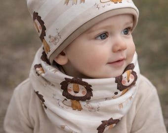 Lion Baby Set Beanie & Loop – Handmade Boy Outfit – Cute Lion Hat – Baby Gift – Autumn Spring – Cotton Set