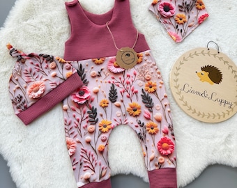 Baby Romper Romper Dungarees Baby Newborn Waffle Jersey Pink Pink Girls Romper Pants French Terry Romper Flowers Flower Meadow