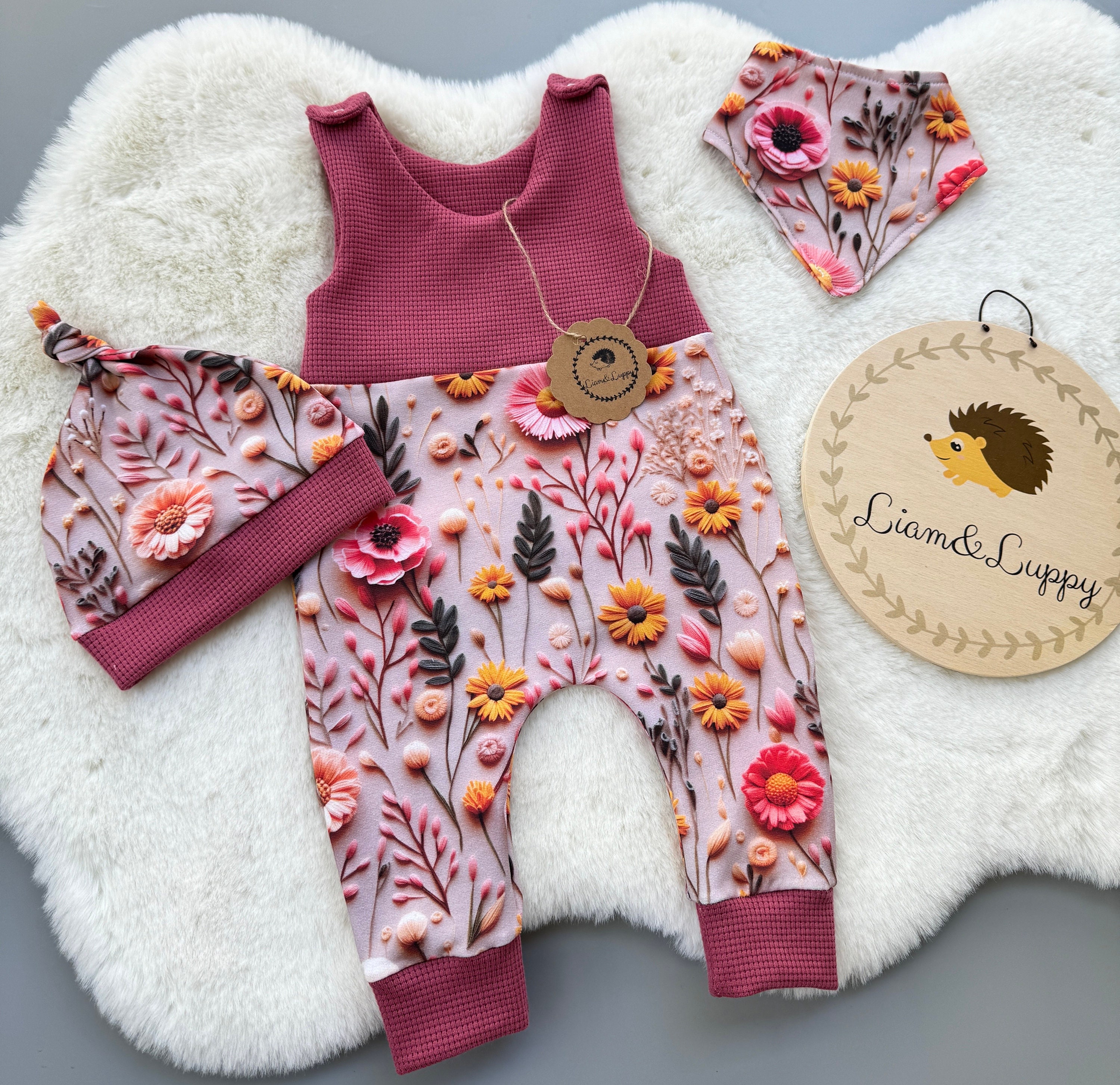 Baby Romper Romper Dungarees Baby Newborn Waffle Jersey Pink Pink Girls Romper Pants French Terry Romper Flowers Flower Meadow
