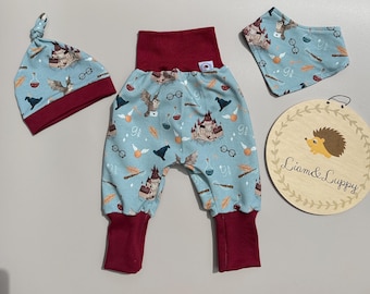 Conjunto bebe pantalón, gorro y bufanda triangular, primer equipamiento, conjunto recien nacido, bombacho niña niño escuela de magia gorros mágicos, búhos,