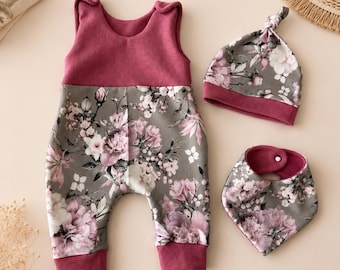 Handmade floral baby romper, waffle romper with knotted hat and scarf, newborn outfit, baby girl gift, floral baby set