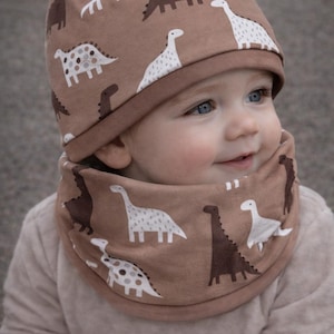 Beanie and Loop Set | Gift Idea for Baby, Child, Unisex | Reversible Hat and Scarf for Kids | Dinosaur Gift Set for Children