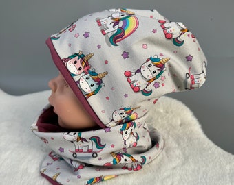 Set Aus Beanie und Loop | Geschenkidee Baby Kind Mädchen | Kinder Wende Mütze und Schal |Geschenk Set Fur Kinder und Babies pony Einhörnern