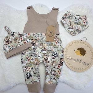 Romper baby beige one-piece, baby clothes, romper set children gift idea romper hat and scarf wild animals, forest friends