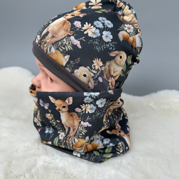 Conjunto de gorro y lazo | Idea de regalo bebé niño unisex | Gorro y bufanda infantil reversible | set de regalo para niños y bebés | animales salvajes