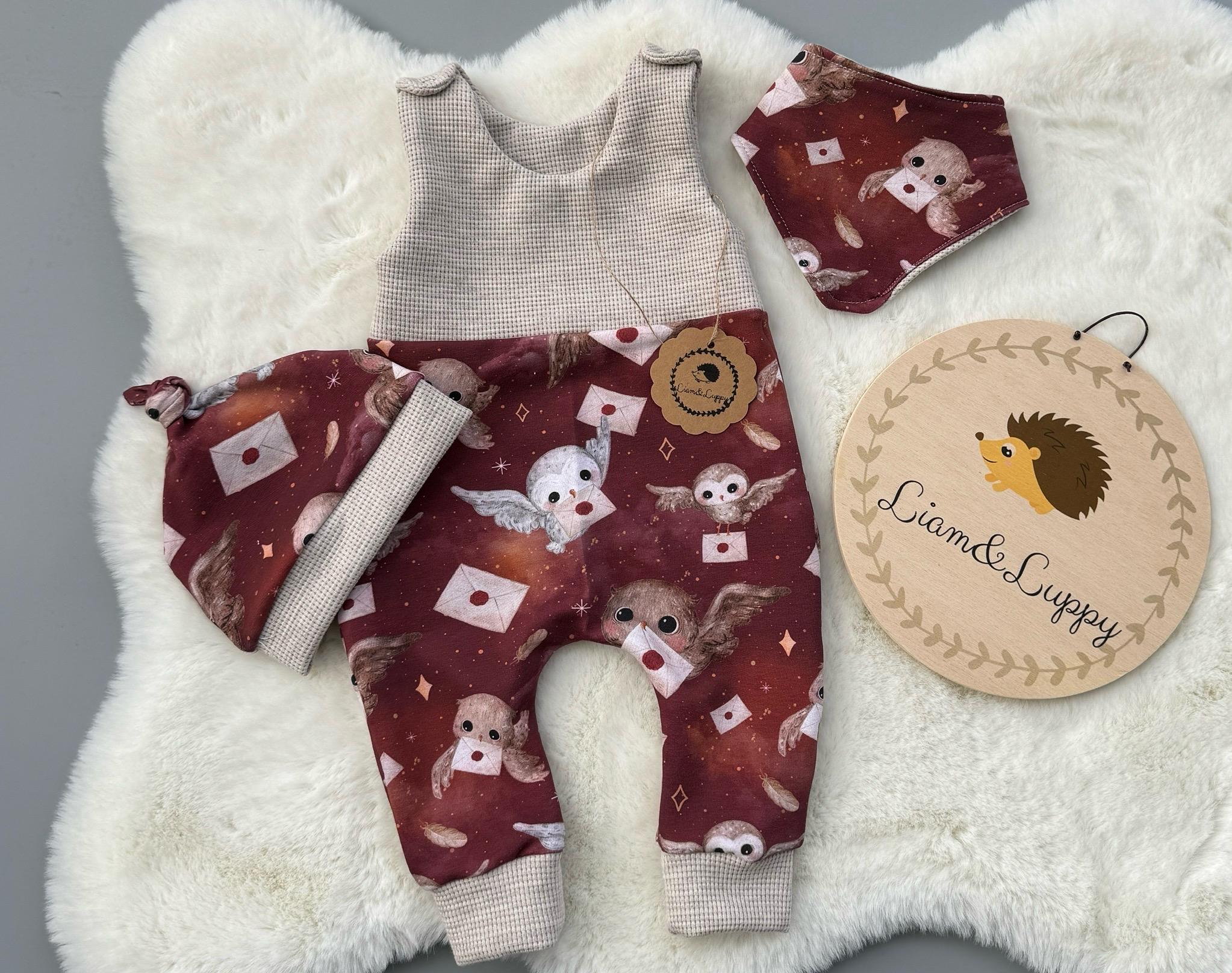 Baby Set with Owls & Letters – Handmade Romper + Hat + Scarf – Harry Potter Inspired – Gift for Birth