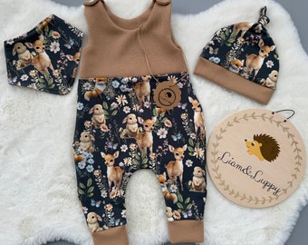 Romper baby beige one-piece, baby clothes, romper set children gift idea romper hat and scarf wild animals, forest friends