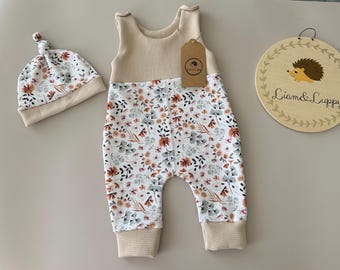 Barboteuse bébé, salopette, combinaison bébé fille, maille gaufrée, beige crème, fleurs aquarelle, coffret cadeau bébé, tailles 38 à 92
