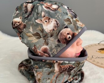 Set of beanie and loop | Gift idea baby child unisex | Children's reversible hat and scarf | Gift set for children and babies | Forest friends, forest