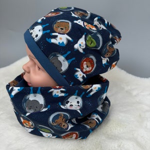 Set van muts en lus | Cadeau-idee baby kind unisex | Omkeerbare kindermuts en sjaal | cadeauset voor kinderen en baby&#39;s | In de ruimte