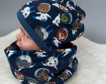 Set of beanie and loop | Gift idea baby child unisex | Children's reversible hat and scarf | gift set for children and babies | In space