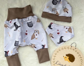 Conjunto bebe bombachos gorro y bufanda triangular,equipo inicial conjunto recien nacido escuela de magia escuela de magia buhos beige escuela de magia conjunto de sudor