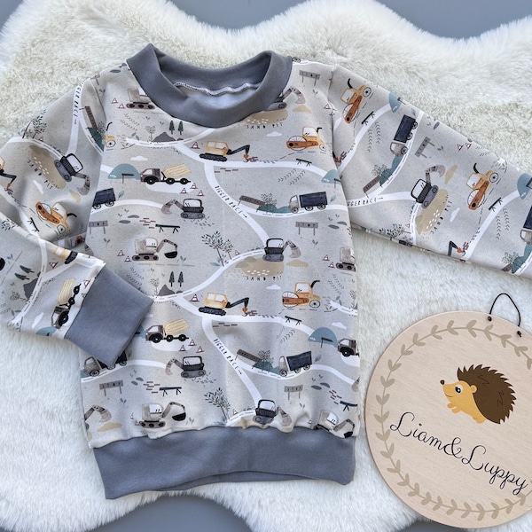 Sweatshirt children's/baby sweater construction site, excavator, crane size 56 to size 134 boy girl unisex gift for birth