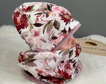Set of beanie and loop | Gift idea for baby girls | Children's reversible hat and scarf | Gift set for children and babies | romantic flowers