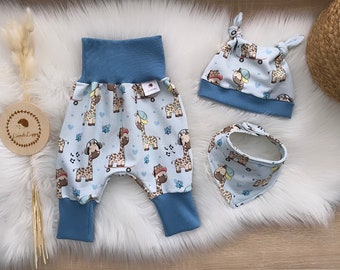 Handmade Baby Set Giraffe Blue | Harem Pants with Scarf & Hat | Baby Boy Outfit | Newborn Gift | Cotton Baby Clothes Set