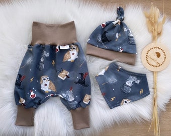 Conjunto bebe bombacho gorro y bufanda triangular equipacion inicial conjunto recien nacido escuela de magia escuela de magia buhos azul beige