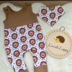 Baby Romper Dungarees Boy Girl Unisex French Terry | Beige Waffle Knit Jersey Lion