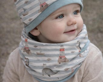 Beanie and Loop Set | Gift Idea for Baby, Child, Unisex | Reversible Hat and Scarf for Kids | Gift Set for Children - Seagull, Whale, Sea, Stripes