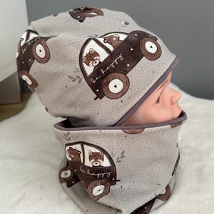Set van muts en lus | cadeau idee baby kind unisex | Omkeerbare muts en sjaal voor kinderen | Cadeauset voor kinderen en baby&#39;s | Beer en vos