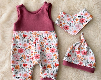 Baby Girl Floral Romper Set | Handmade Baby Outfit with Hat & Scarf | Newborn Set Pink Floral | Baby Shower Gift