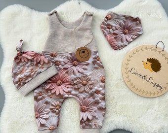 Set of 3 rompers hat and scarf, beige mottled, pink, flower motif, romper for girls set gift for birth idea