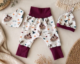 Conjunto para bebé de Zauber Design: pantalón harem, gorro y bufanda. Conjunto unisex para bebé. Regalo para recién nacido. Hecho a mano.