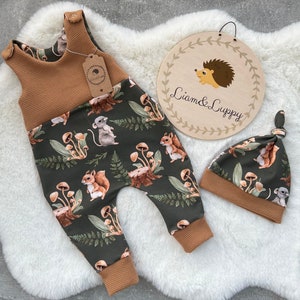 Baby Romper Romper Dungarees Baby Newborn Waffle Jersey Khaki Beige Romper Pants FrenchTerry Warm Romper Forest Friends Squirrel