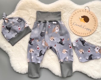 Conjunto bebé pantalón, gorro y bufanda triangular, primer equipamiento, conjunto recién nacido, bombacho niña niño escuela mágica gorros mágicos, búhos