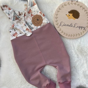 Romper dungarees baby unisex girl boy french terry forest animals forest friends boho foxes