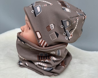 Beanie and Loop Set | Gift Idea for Baby and Child Unisex | Children's Reversible Hat and Scarf | Gift Set for Children and Babies | Construction Machine