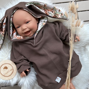 Waffle Knit Jersey Sweatshirt Bunny Pullover &quot;Hasi&quot; Hoodie with Ears Size 56-140 Brown Pullover Children