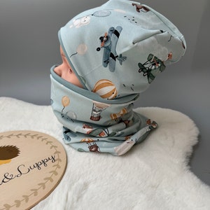 Set van muts en lus | Cadeau-idee baby kind unisex | Omkeerbare kindermuts en sjaal | cadeauset voor kinderen en baby&#39;s | vliegtuigen mint