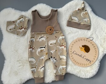 Op de afbeelding: Een bruine en beige baby-outfit met een dinosaurusprint. De outfit bevat een slab, een muts en een broek. De broek heeft een wafelstructuur aan de bovenkant en een dinosaurusprint aan de onderkant. De muts heeft een knoop bovenop en een dinosaurusprint. De slab heeft een dinosaurusprint. De outfit ligt op een wit, pluche oppervlak. De tekst "Liam & Lippy" staat op een houten bord met een egel-illustratie.