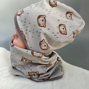 Set van muts en lus | Cadeau-idee baby kind unisex | Omkeerbare kindermuts en sjaal | cadeauset voor kinderen en baby&#39;s | BEER beige