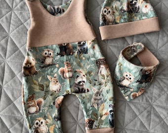 Baby Romper Dungarees Baby Newborn Waffle Jersey Brown Beige Romper Pants French Terry Woodland Animals, Birthday Gift