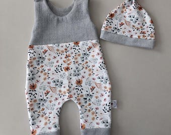 Baby Romper Dungarees Baby Suit Girls' Romper Waffle Knit Grey Melange Watercolor Flowers Baby Gift Set Size 38-92