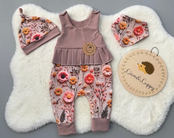 Baby Strampler Romper Latzhose Babyanzug Mädchen Strampler mit Rüschen Altrosa Flowers Motive Blumen Romantische Blumen Gr.38-92