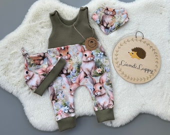 Baby Strampler Romper Latzhose Baby Newborn Waffel Jersey Kamel Romper Hose French Terry Hase Hasi  unisex Ostergeschenk für ein Kind