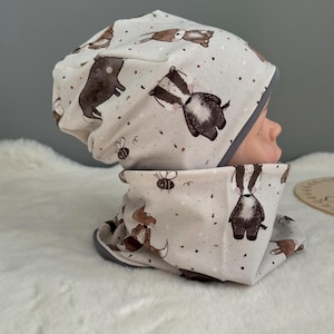 Set van muts en lus | cadeau idee baby kind unisex | Omkeerbare muts en sjaal voor kinderen | Cadeauset voor kinderen en baby&#39;s | Das Konijn Vos