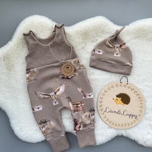 May include: A brown baby onesie with an owl and letter print. A matching brown hat with an owl print. A wooden sign with the text "Liam & Luppy".