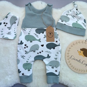 Baby Romper Romper Dungarees Baby Newborn Waffle Jersey Whales Romper Pants French Terry unisex Romper Mint Petrol Gift Idea set