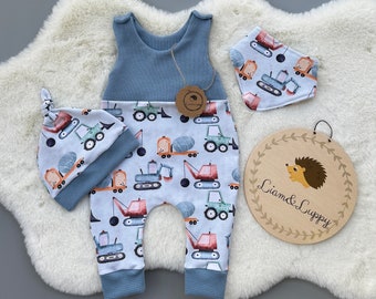 Baby Strampler Romper Latzhose Baby Newborn  Blaue Romper Hose French Terry  Bagger Baustelle Baumaschine Strampler Set