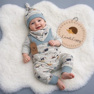 Mono para bebé, peto para bebé recién nacido, jersey de gofre, beige, azul menta, mono, pantalones de felpa francesa, excavadora, vehículos de construcción, conjunto para niño en el sitio de construcción